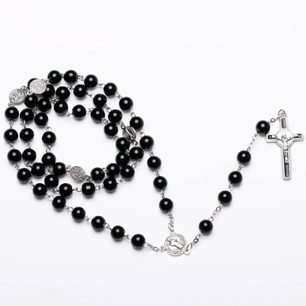 Rosary Style Necklace Beads Catholic Prayer Gifts Pearl Cross Miss Black Pendant