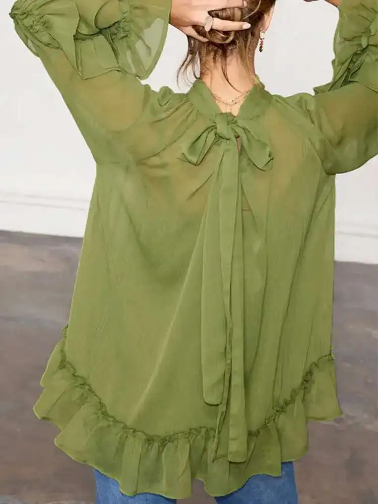 Elegant Lace Up Flare Sleeve ดูผ่านเสื้อแฟชั่นคอ Curg Edge เสื้อใหม่หญิงเดินทาง Highstreet Tops