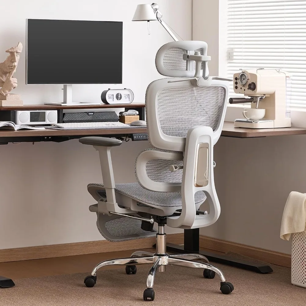 Ergonomic Office Chair with Footrest, 3D Headrest, Adjustable Backrest & Lumbar Support, Mesh Computer Chair, Grey