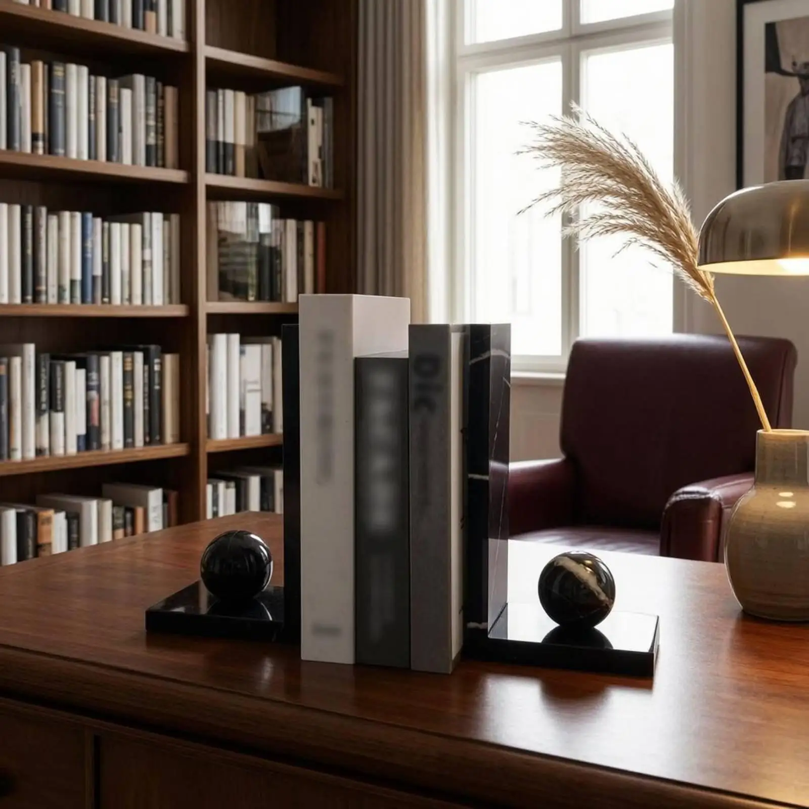 2 Pieces Marble Sphere Bookend Modern Chinese Style Marble Bookend Luxury Decorative Orb Bookends for Study, Living Room, Lobby