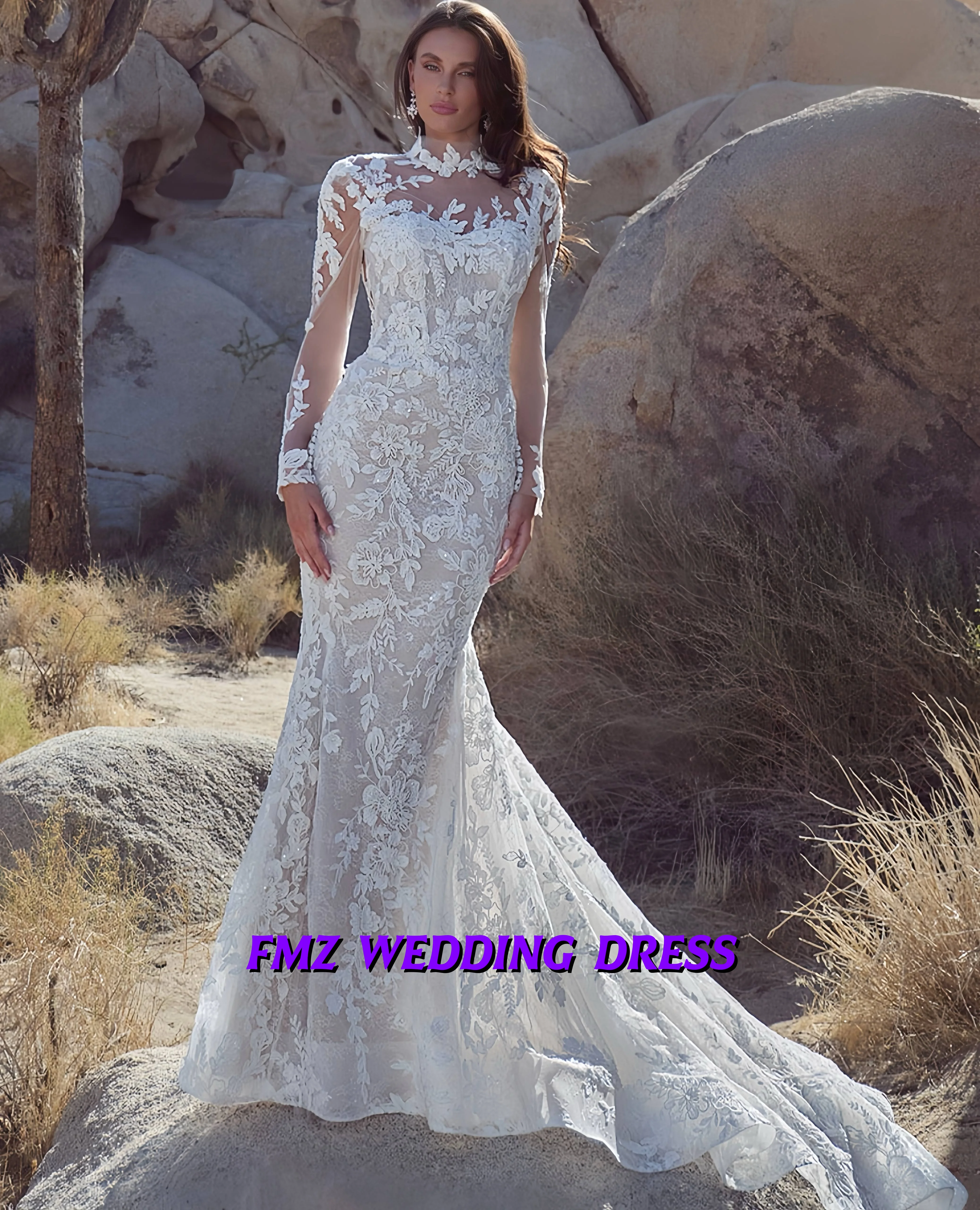

Свадебное платье-русалка с круглым вырезом и длинными рукавами, кружевное, на заказ, для невесты, свадебное платье, vestidos de novia