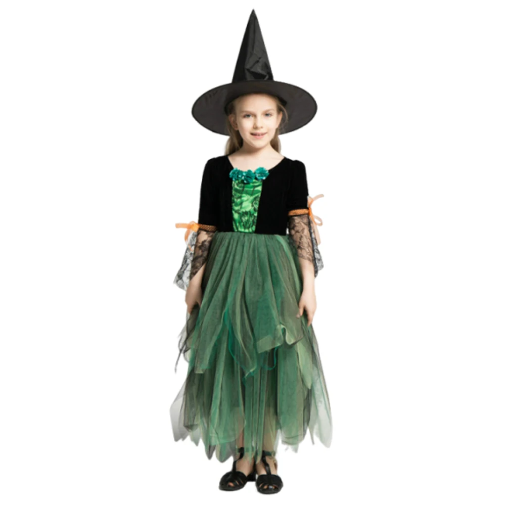Costume cosplay da strega per bambina, vestito da tutu, cappello, abiti, gonna da principessa in rete verde, performance sul palco, gonne da ballo, festa di Halloween