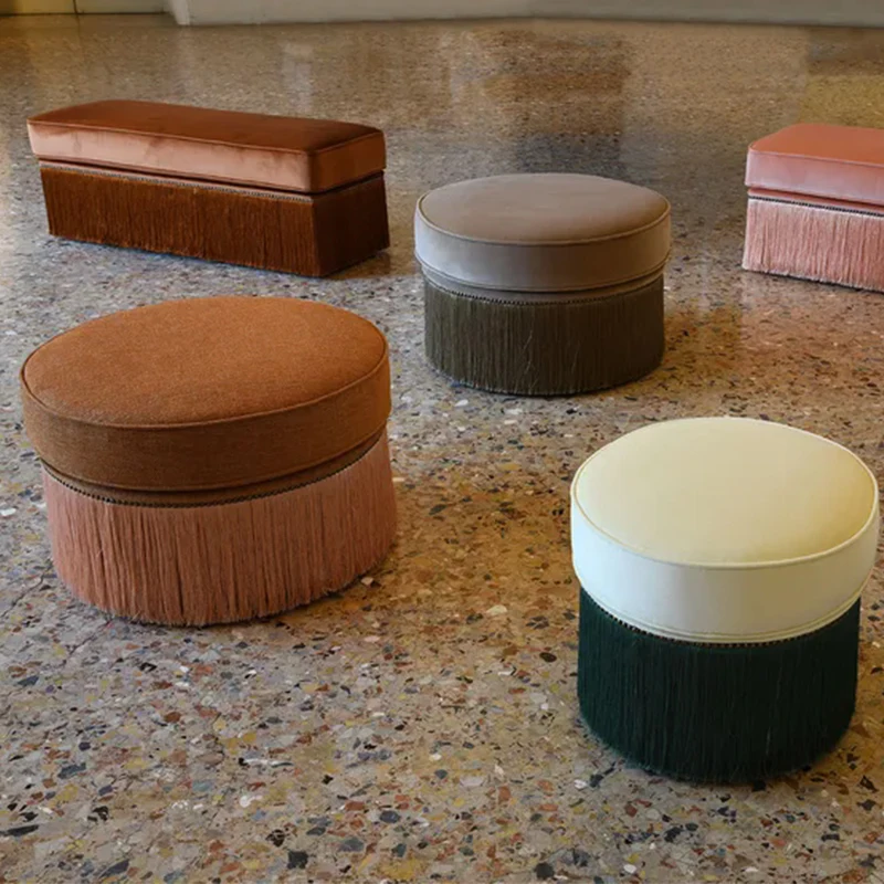 American Classical Style Rivet Tassel Round Foot Stool Home Living Room Bench Commercial Store Coffee Shop Lounge Pouf Ottoman