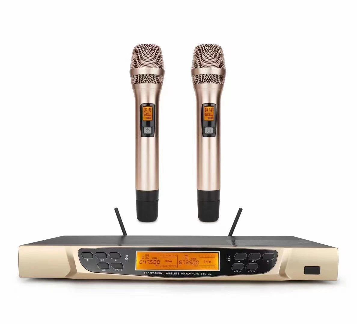 Guangzhou Professional wireless vocal mic set 2 UHF dynamic handheld wireless microphone