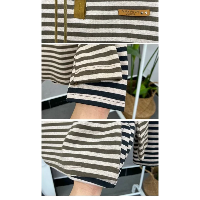 Nowa modna koszulka w paski w kolorach blokowych Jesienna koszulka z kapturem i guzikiem z długim rękawem