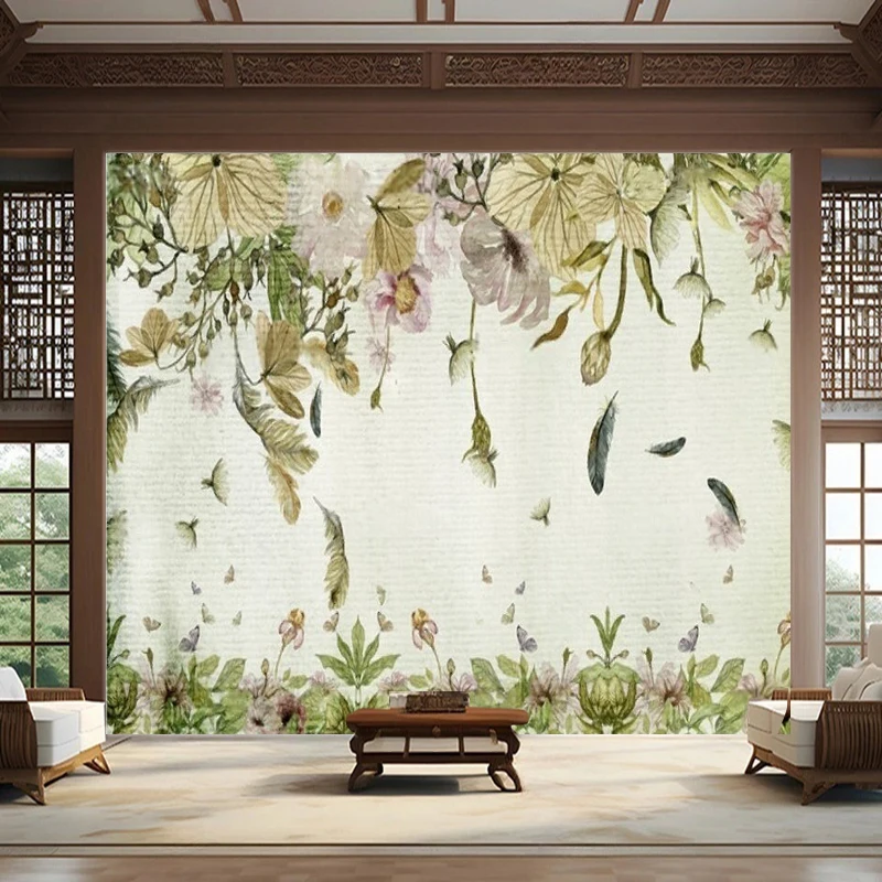 Nordic Minimalist Fresh And Green Leaf Feather Watercolor Oil Painting Style Background Wall Decoration For Living Room And Sofa