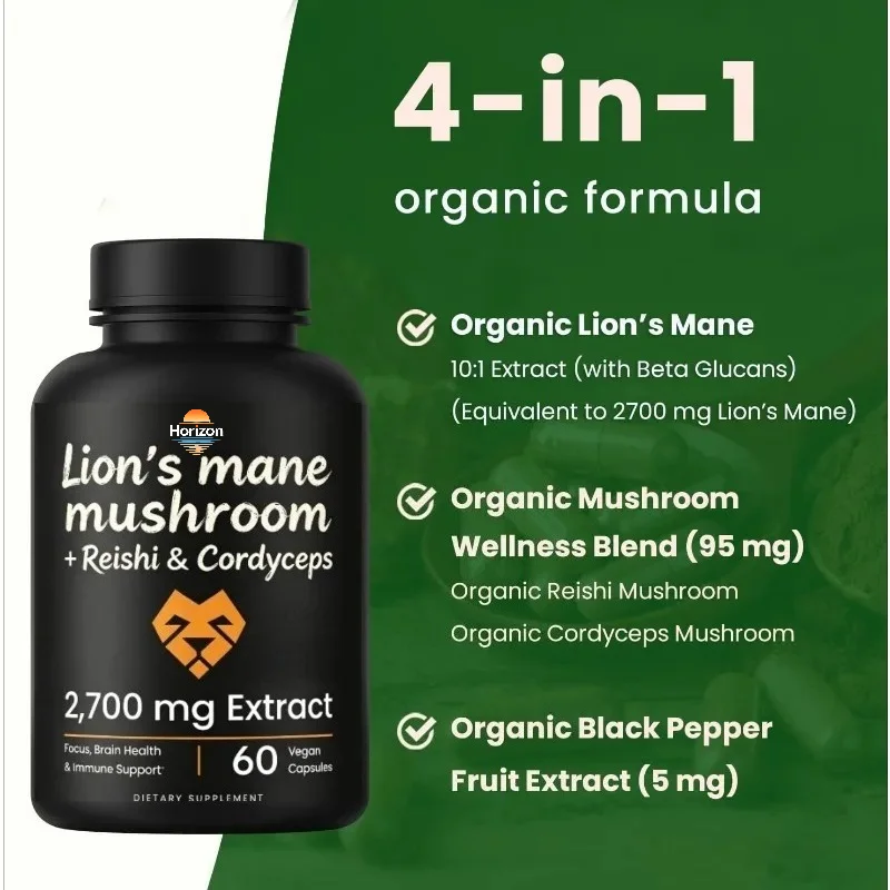 Organic Lion Mane Mushroom Supplement Supports Immune System Health 60 Capsule