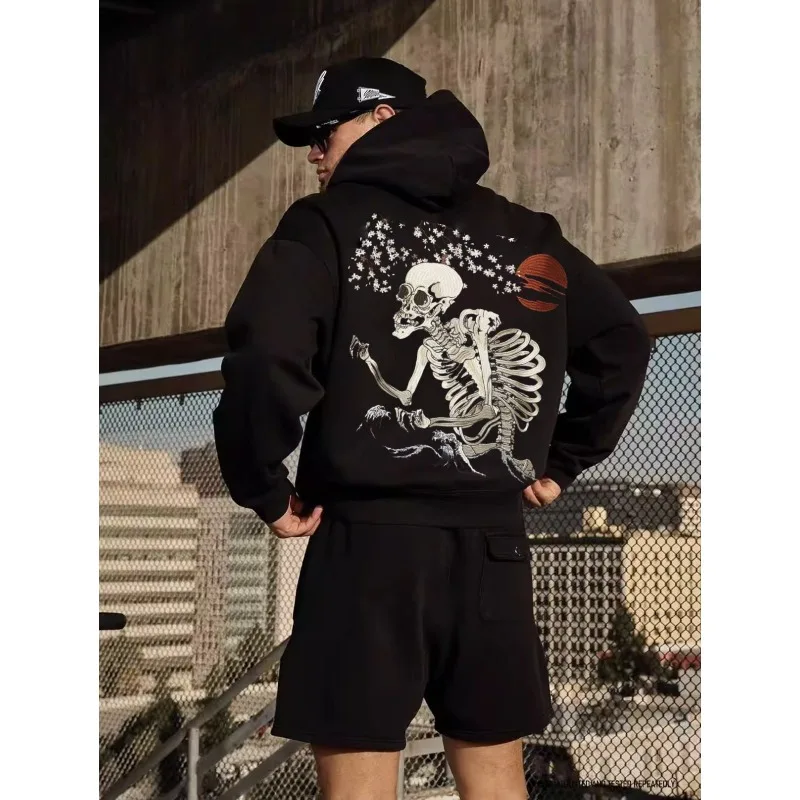 

Autumn and Winter Skull Print Cotton Fitness Hoodie Loose Thermal Hoodie Exercise Sweatshirt Velvet Men's Fitness Jumper