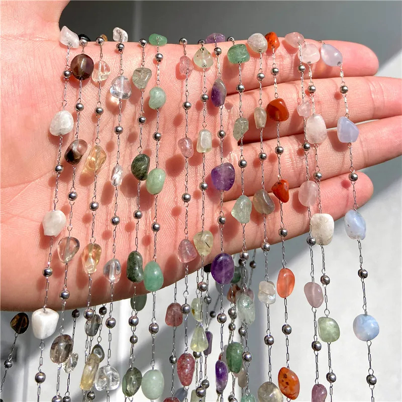 Fashion Trend Natural Stone Bead Chains Stainless Steel Irregular Agat Quartz Chips Beads DIY Women Necklace Choker Bracelets