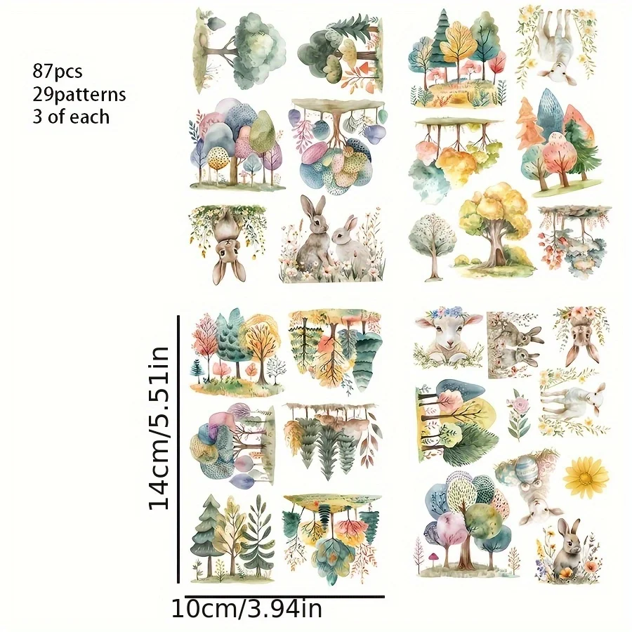 JAIIMAN 87–96 Stück Kunstaufkleber, Waldansicht und Tier mit Baum, Kaninchen, Blumenmuster, für Urlaubsdekoration, Scrapbooking, Albumdekoration – Detail 6