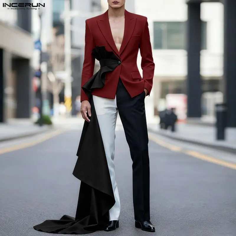 

INCERUN Men Blazer Patchwork Ruffle Lapel Long Sleeve Casual Irregular Blazer Men Streetwear One Button Fashion Male Suit S-5XL