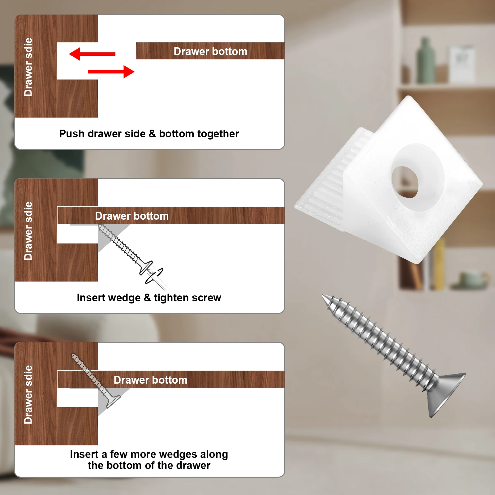 60set 수리 고정 서랍 상자 바닥 처짐 지원, 플라스틱 수선 웨지 나사 가구 수선 웨지 코너 브래킷