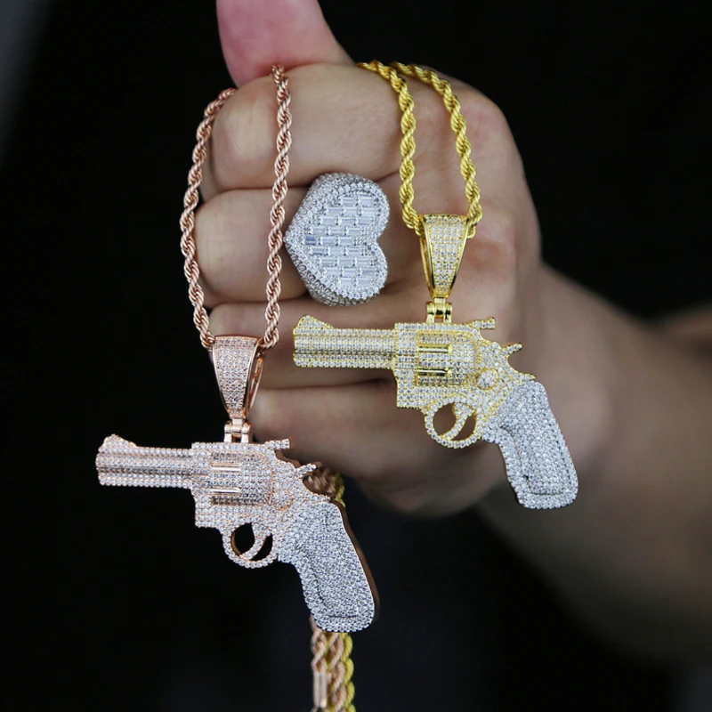 Iced Out Bling Hip Hop CZ Revolver Gun Pendant Necklace Gold Color Cubic Zirconia Pistol Charm Necklaces Men Fashion Jewelry