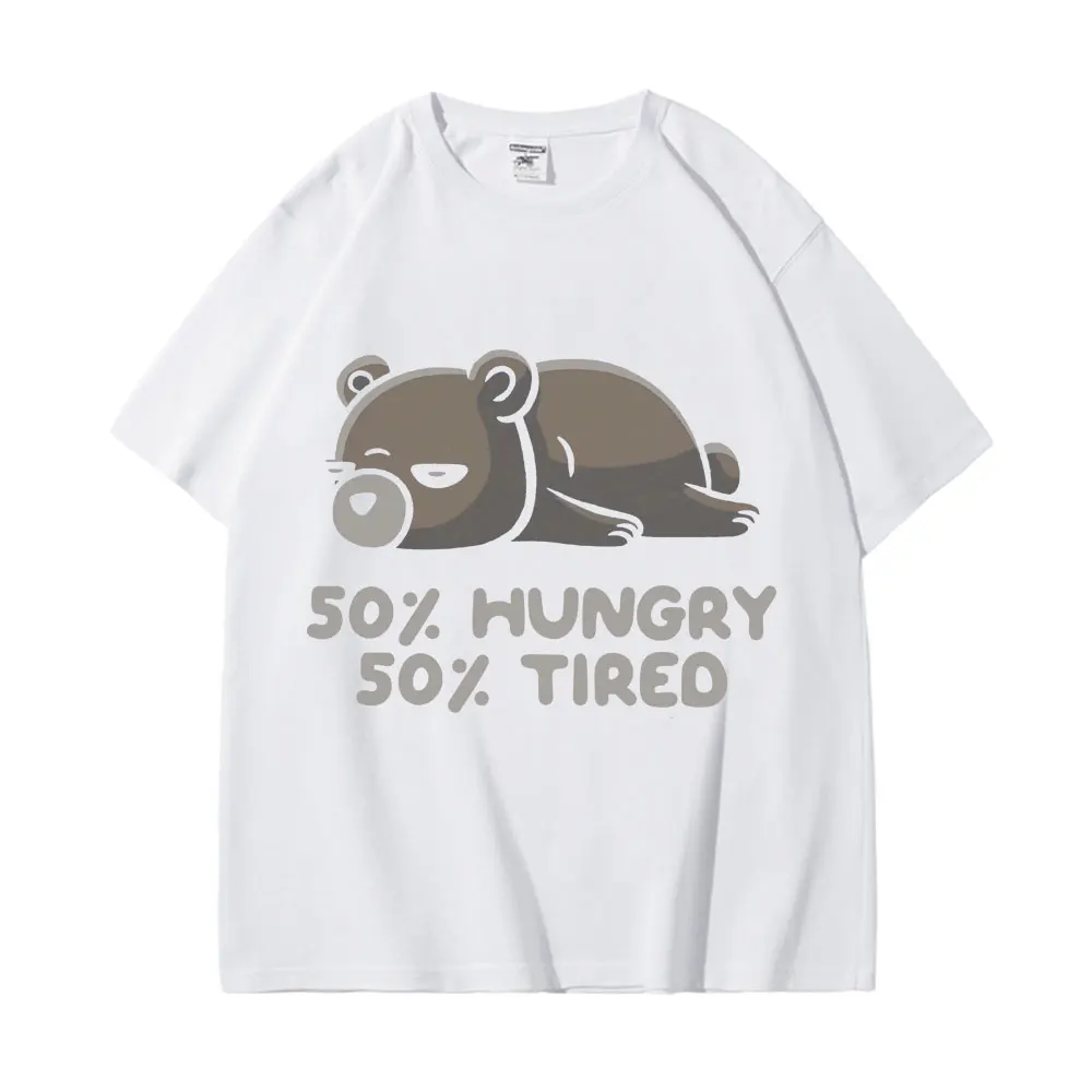 50% Hungry & Tired Funny Graphic T Shirts Unisex Casual Pure Cotton Oversized T-shirt Men's High Street Fashion Trend T-shirts