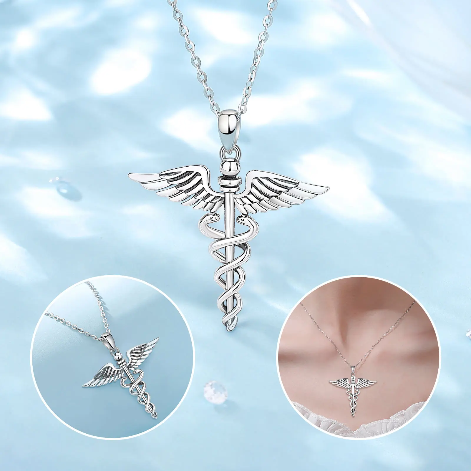 Eudora 925 Sterling Silver Caduceus Necklace Snake Wings Scepter Pendant Personality Jewelry Party Gift for Men Women