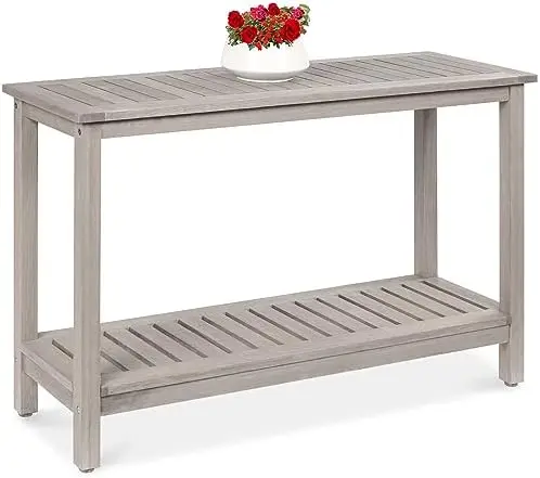48in 2-Shelf Eucalyptus Wooden Console Table Indoor Outdoor Multifunctional Buffet Bar Storage Organizer w/Foot Sliders