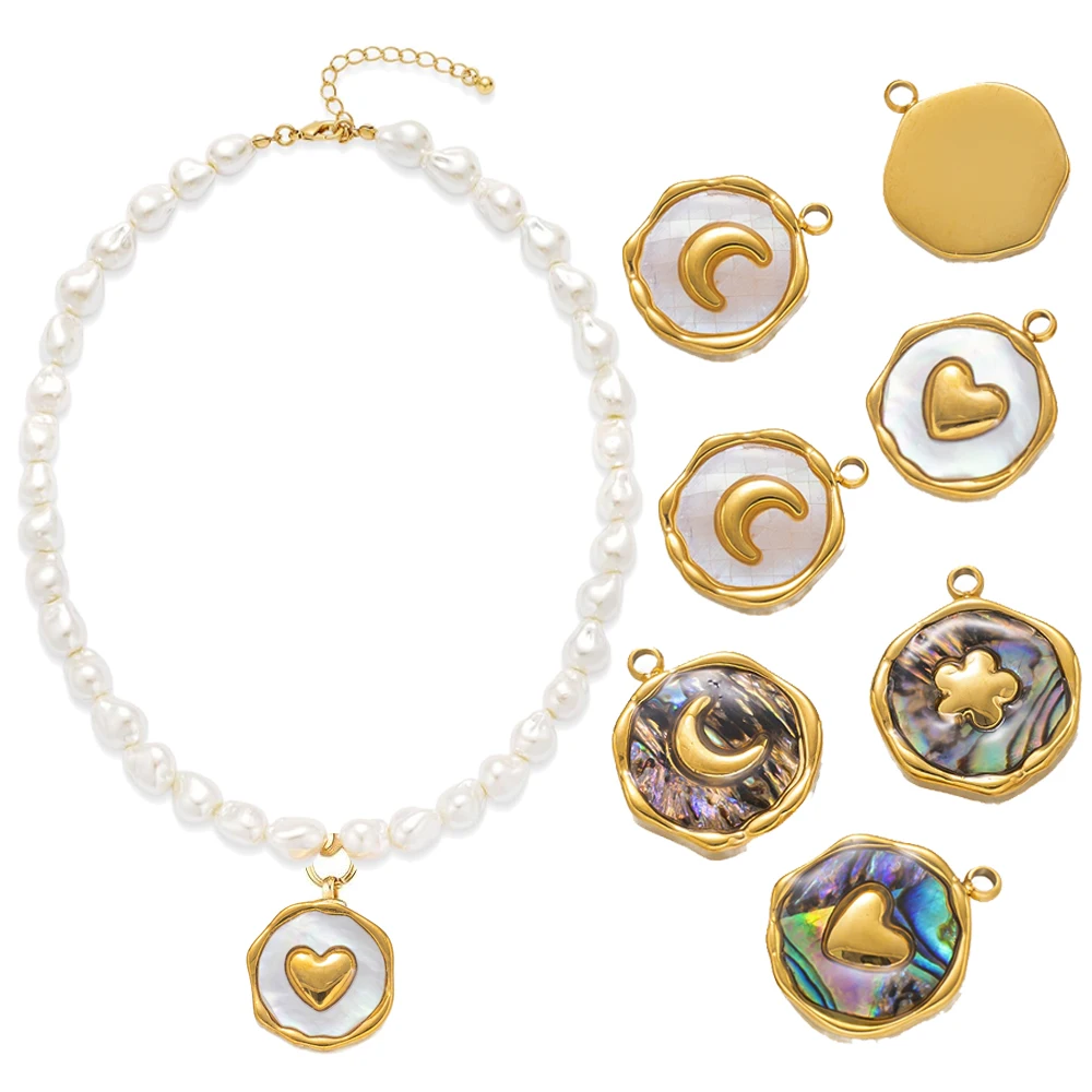 2pcs Stainless Steel Gold Enamel Flower White Shell Heart Moon Bracelet Charm for DIY Necklace Earring Component Jewelry Making
