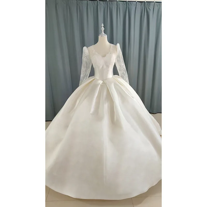 Long Sleeved 2026 Light Luxury Wedding Dresses For Women Satin Embroidery V-neck High Quality Bridal Gowns Vestido De Novia