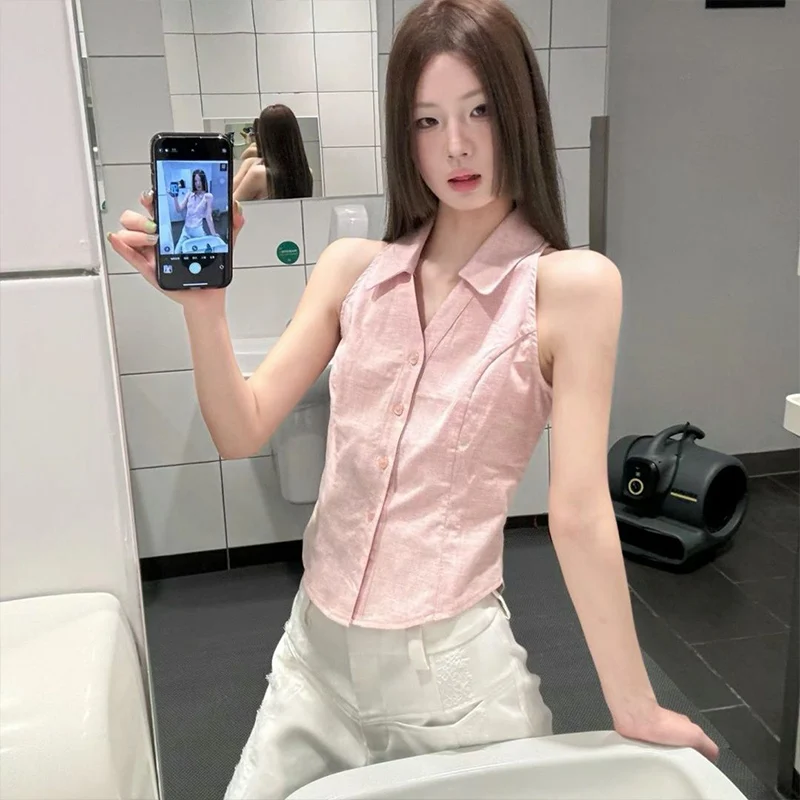 Summer New Pink Sweet High-end Elegant Fashion Slim Fit Sleeveless Shirt Original Design Youthful Wind Versatile Solid Color Top