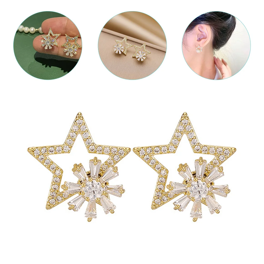 

Girls Earrings Rotating Star Teen Women Crystal Studs Micro Setting Female Dangle for Golden