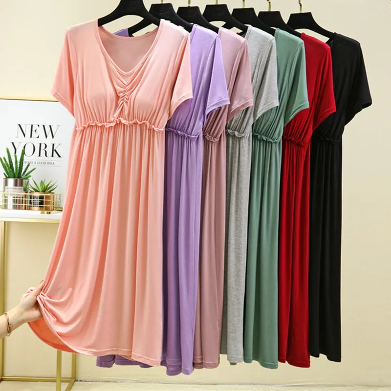 INS Casual Women\'s Summer Nightgown Thin Chest Pad Modal Nightdress Short-Sleeved V-Neck Home Dress ночнушка женская