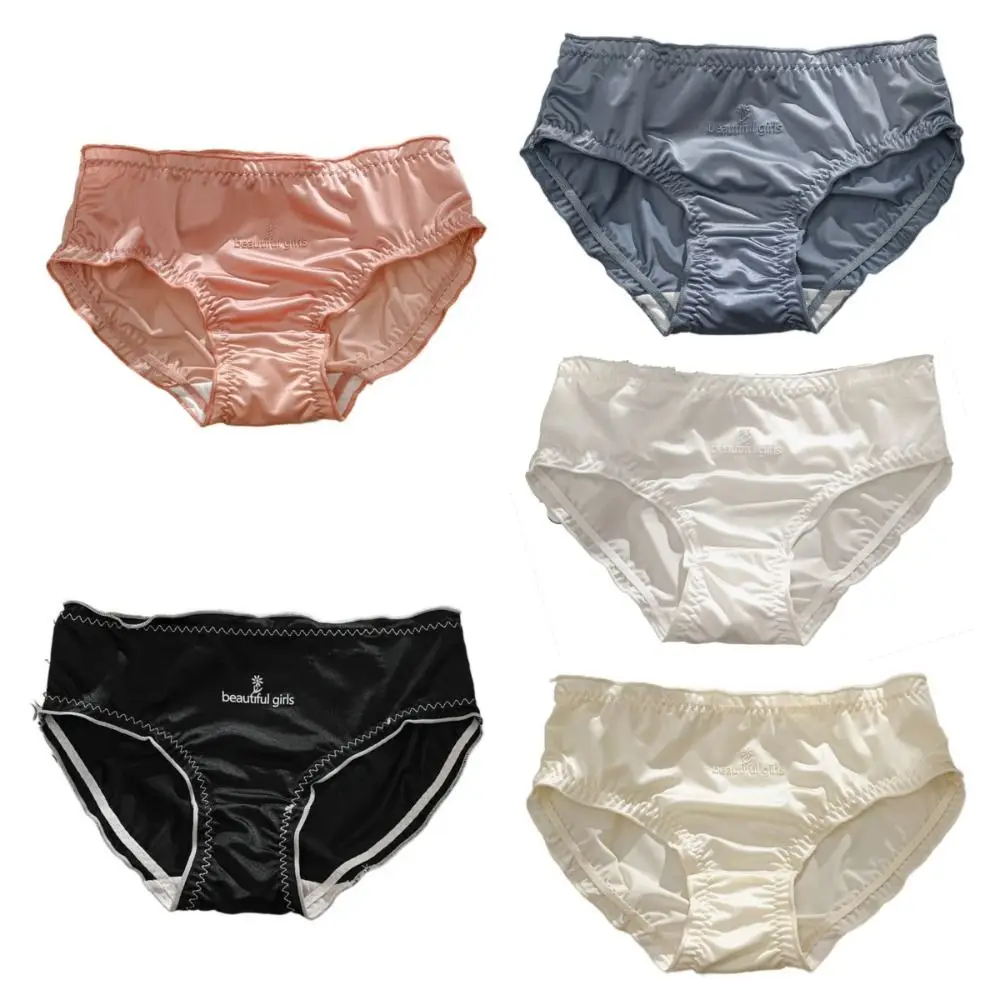 Solid Color Ice Silk Embroidery Letter Panties Underpants Mid Waist Women\'s Ruffle Satin Silk Briefs Lingerie Simple Ladies