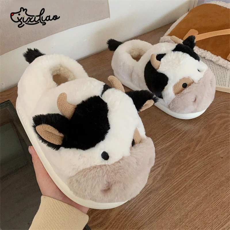 XIXITIAO Warm Cow Slippers for Women Cartoon Cute Plush Soft Thick-Soled Indoor Slippers Winter Home Couples Shoes Surprise Gift image 4