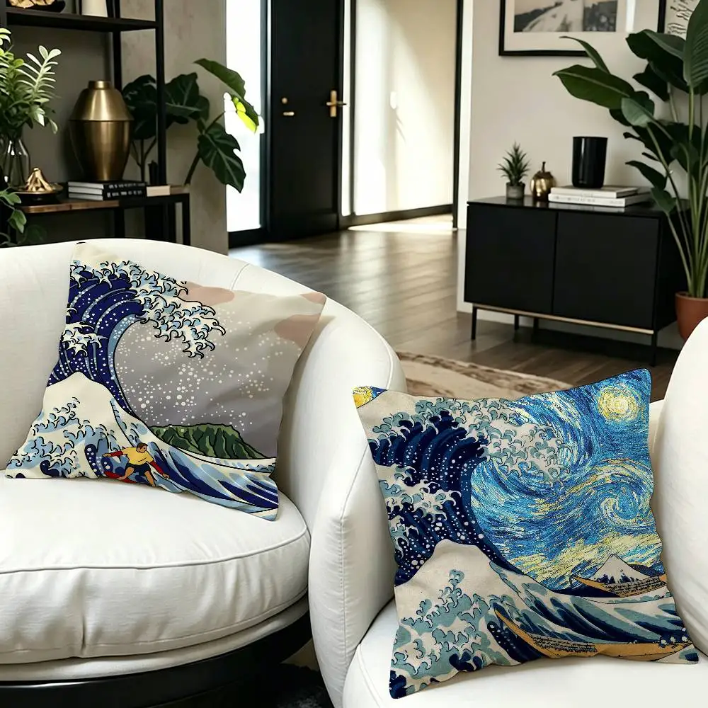 Japanese Wave Art Maple Design Cushion Cover Happy Autumn Harvest decor Holiday Decorati Pillow Cover