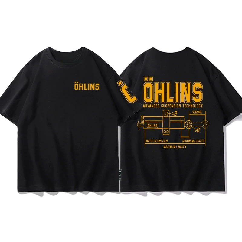 Rare Summer OHLINS Black T-shirt Collection Motorcycle Shock Absorber Print Short Sleeve T-shirt Racing Fan Clothes