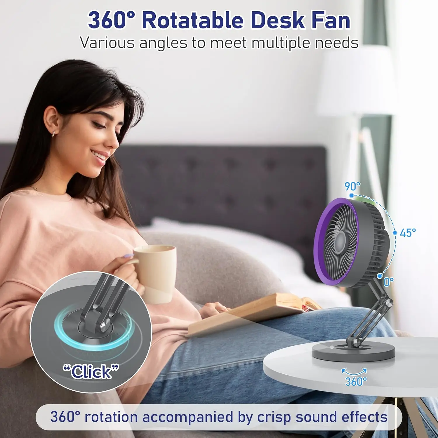 

Настольный вентилятор Small Quiet с металлической подставкой - 3 скорости 180 ° Складной 360° ° Вращающаяся регулируемая портативная аккумуляторная батарея