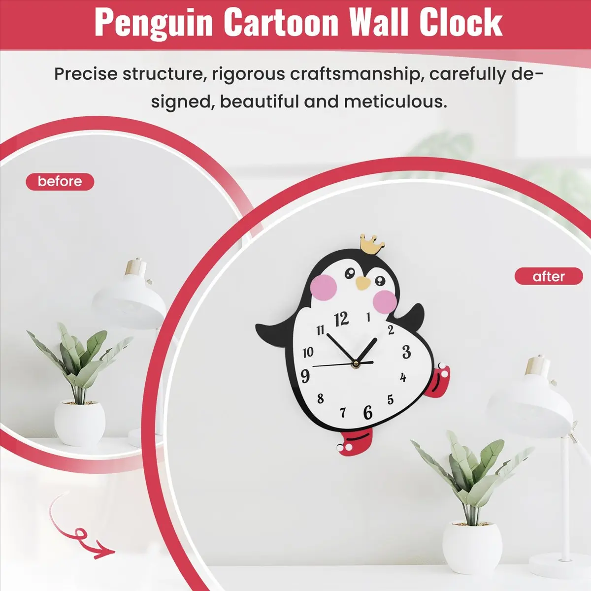 newyear828 Cute Penguin Cartoon Wall Clock Silent Movement Nursery Bedroom Kids Room Wall Art Decor Color Printed Wall Watch