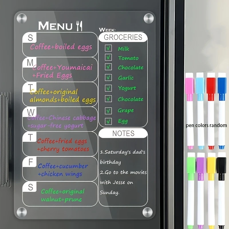 Acrylic Meal Planner for Fridge, Magnetic Menu Board for Kitchen with 8 Markers, Clear Weekly Calendar Planner Dry Erase Board