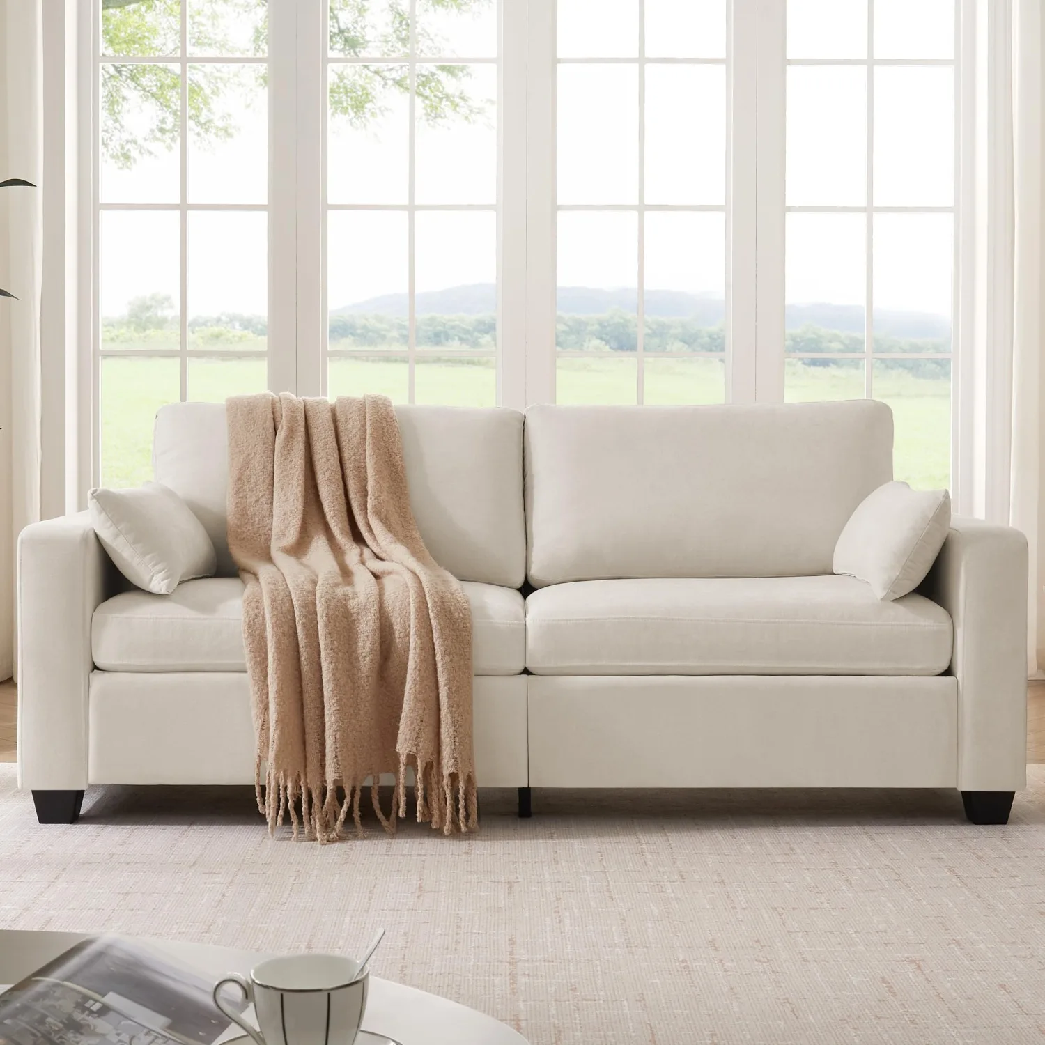 Modern Loveseat Sofa Chenille Fabric Couches (Beige) | Spring Cushions, Removable Cover, Solid Wood Frame, Wide