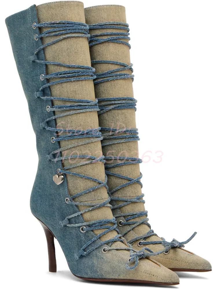 Denim Blue Cross-tied Riding Boots Solid Pointed Lace-up Stilettos Knee-high Boots 2025 Women New Catwalk Fashion Modern Shoes