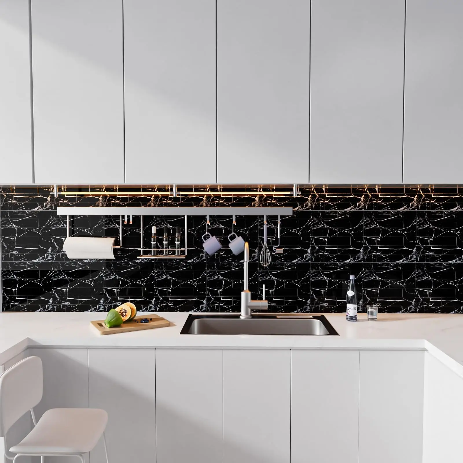 Backsplash Peel and Stick, Back Splashes Black 40 Pieces PET Subway Tile, 3D Wall Panels for Kitchen, Bedroom, Stairs