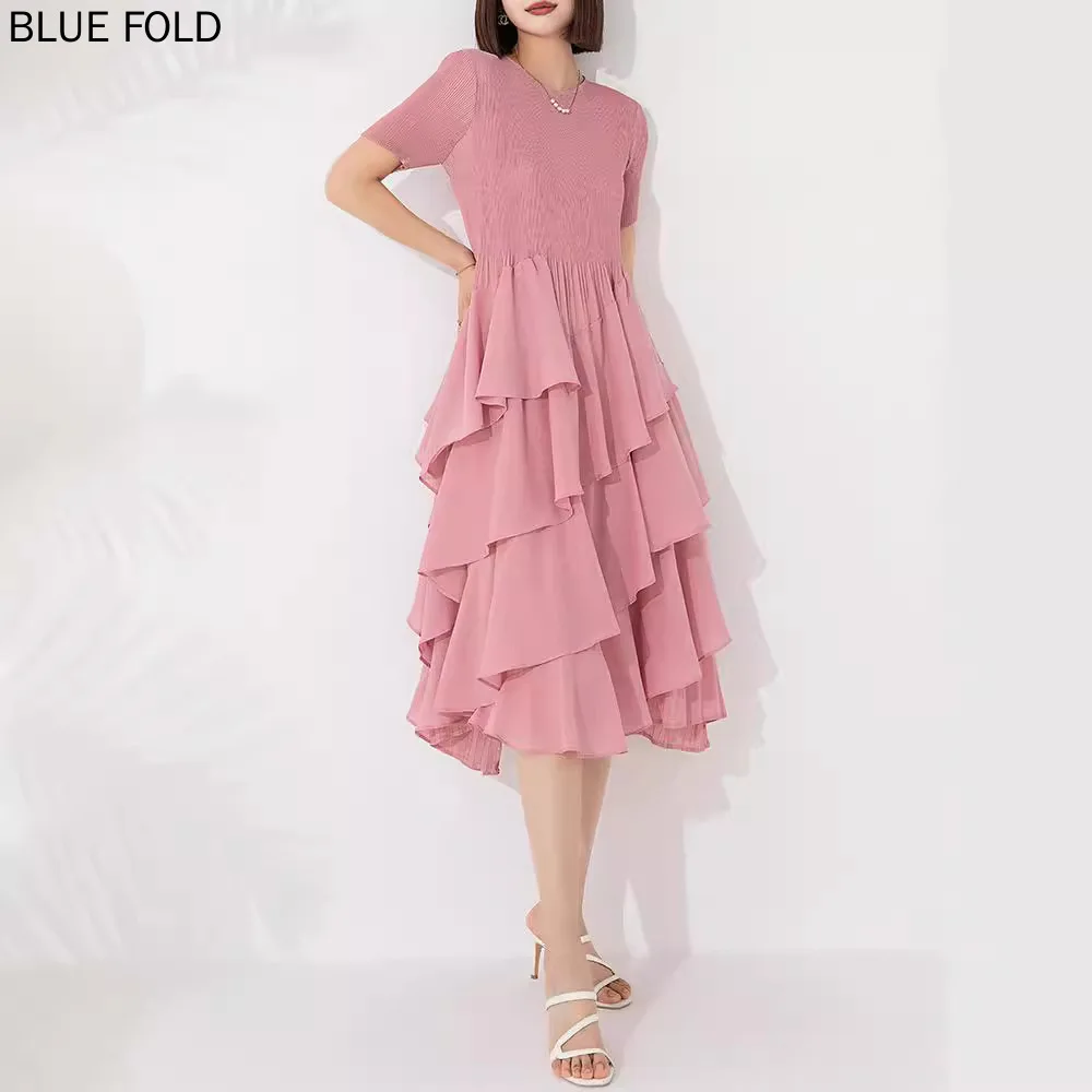 

MIYAKE Pleated Loose Fashion Dress New Style High-end Temperament Versatile Slim Solid Color Round Neck Short Sleeve Cake Dress