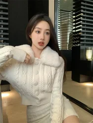 Fall Winter New Fashion Kawaii Short Sweater for Women Black White Cardigan Fur Feather Collar Twist Knitted Slim Jumper Mujer