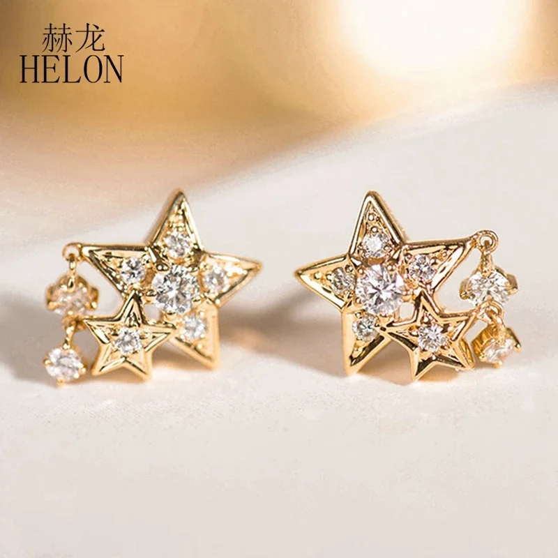 HELON Moissanite Stud Earrings Solid 9k Yellow Gold Lab Grown Moissanite Diamond Double Star Earrings Women Trendy Jewelry Gift