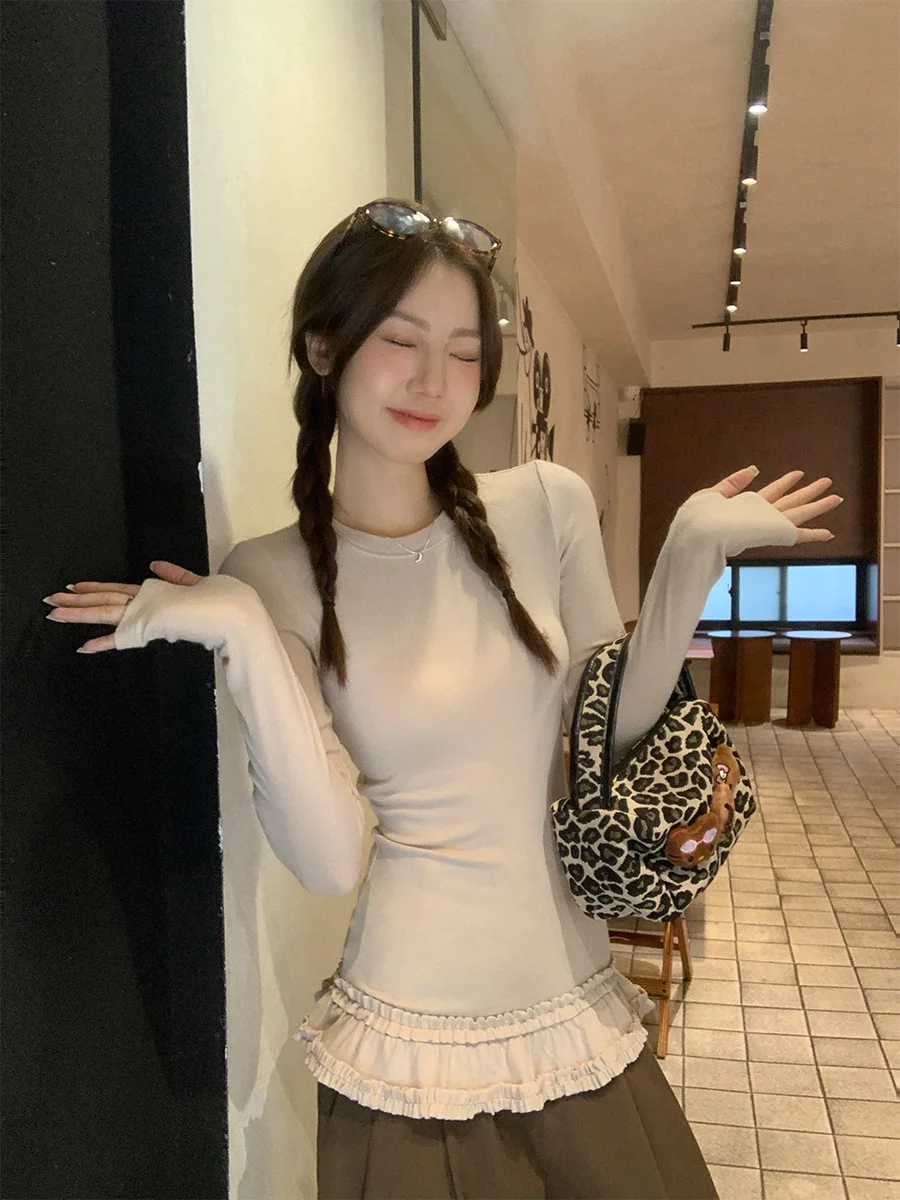 

Футболки с длинными рукавами, женские негабаритные хлопковые футболки в стиле ретро Harajuku Y2K, эстетичная готическая кружевная уличная одежда с рюшами для осени, топы, темные