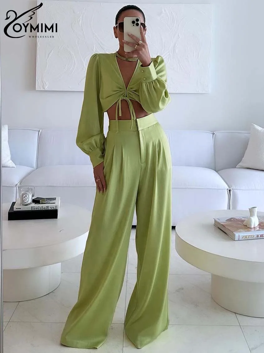 Oymimi Fashion Green Women Two Piece Set Elegant Long Sleeve Lace-Up Crop Tops And High Waisted Wide Leg Panst Sets Streetwear