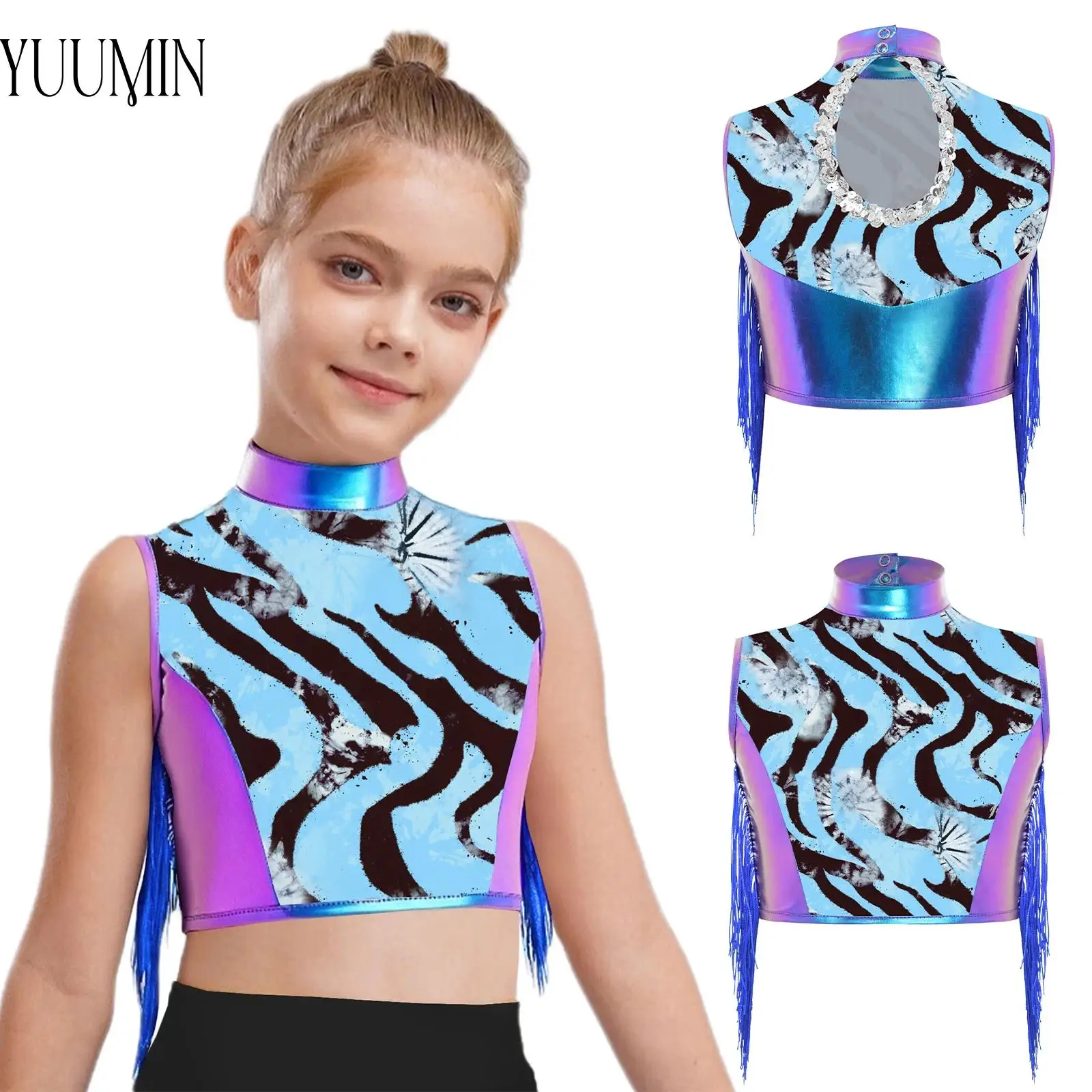 

New Style Girls Jazz Dance Top Sleeveless Keyhole Back Zebra-Stripe Metallic Crop Top Kids Performance Costume for Stage Show