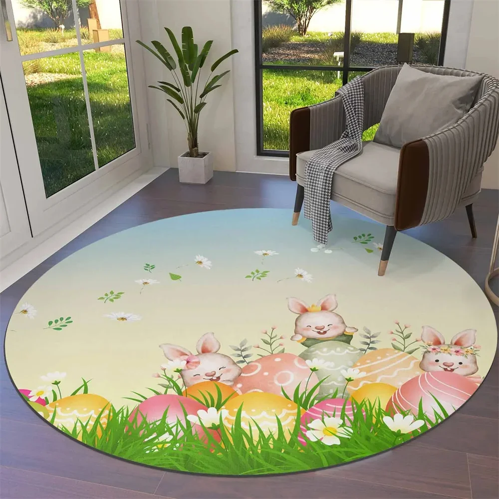 Cartoon Bunny Print Round Carpet Easter Egg Circle Area Rug for Living Room Bedroom Table Chair Sofa Decor Non-slip Floor Mats