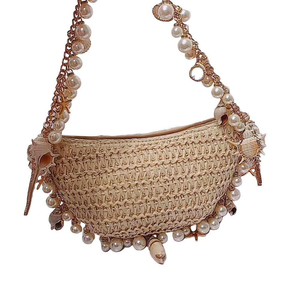 女性エレガントなストローショルダーバッグ通気性のあるトレンディなビーズショルダーバッグ手織り光沢のあるパールクラッチバッグシーサイドソフトクラッチ