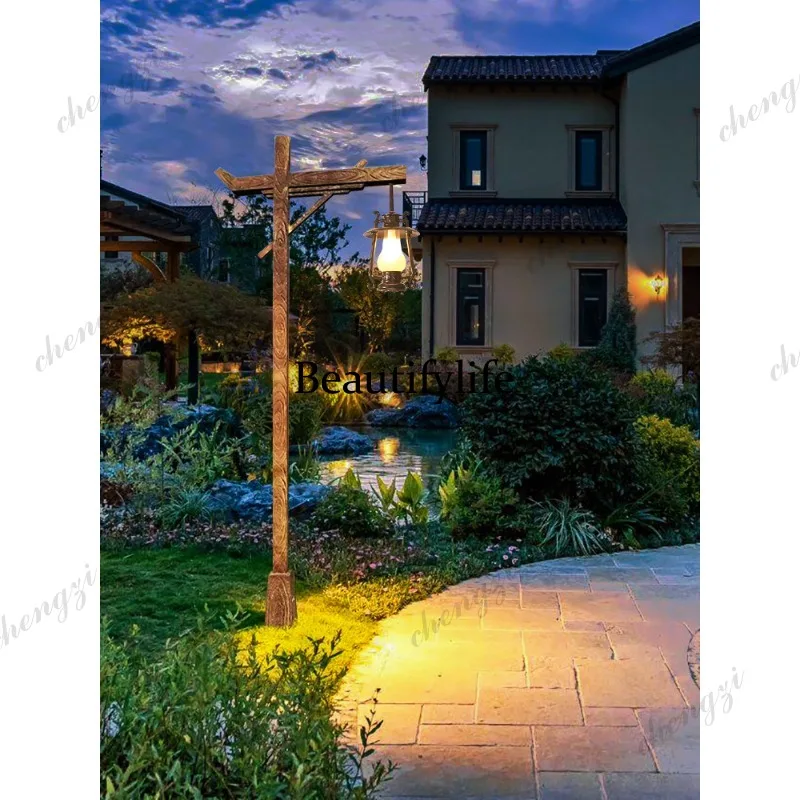 Waterproof Outdoor antique wood spinning landscape high pole lamp Chinese square courtyard lamp B & B camping scenic retro stree