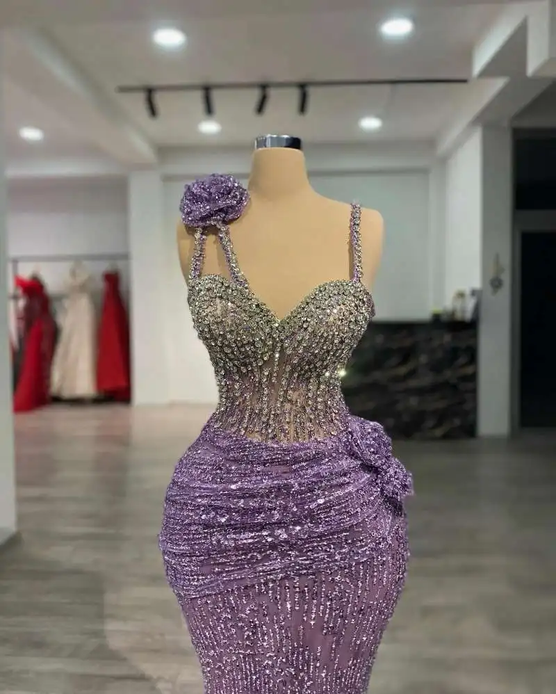 우아한 보라색 라일락 칵테일 이브닝 드레스 스팽글 스트랩 생일 파티 드레스 연인 구슬 레이스 댄스 파티 드레스 맞춤형