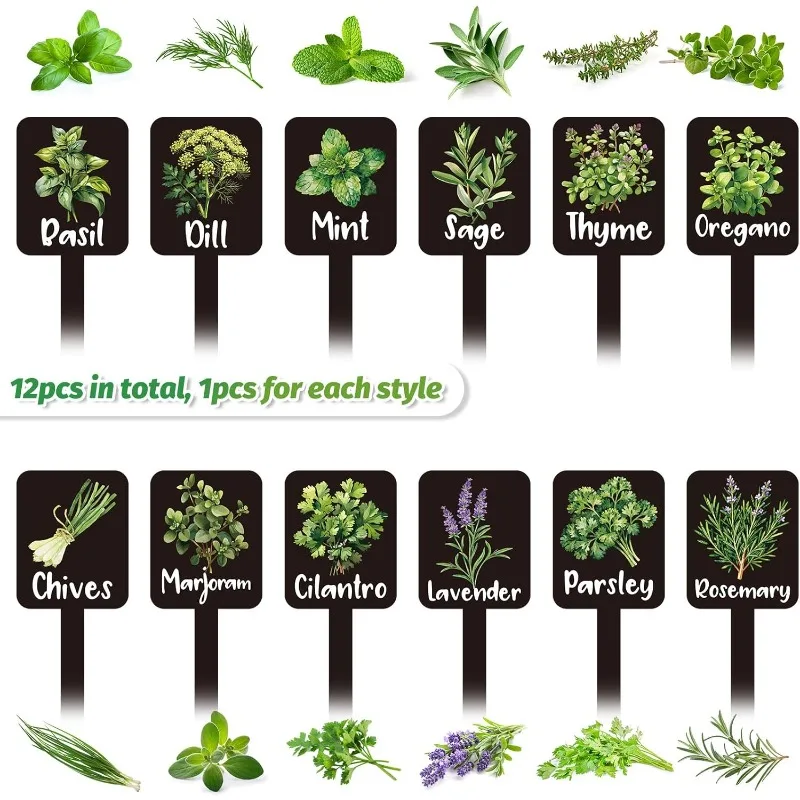 12Pcs Acrylic Plant Labels 12 Styles Garden Markers Waterproof Sign Tags for Nursery Indoor Outdoor Yard Decoration