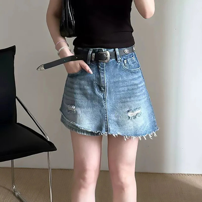 Denim Culottes For Women High Waist Casual Fake Two Layer Ripped Skorts 2026 New Summer Irregular Slim Fit A-Line Shorts