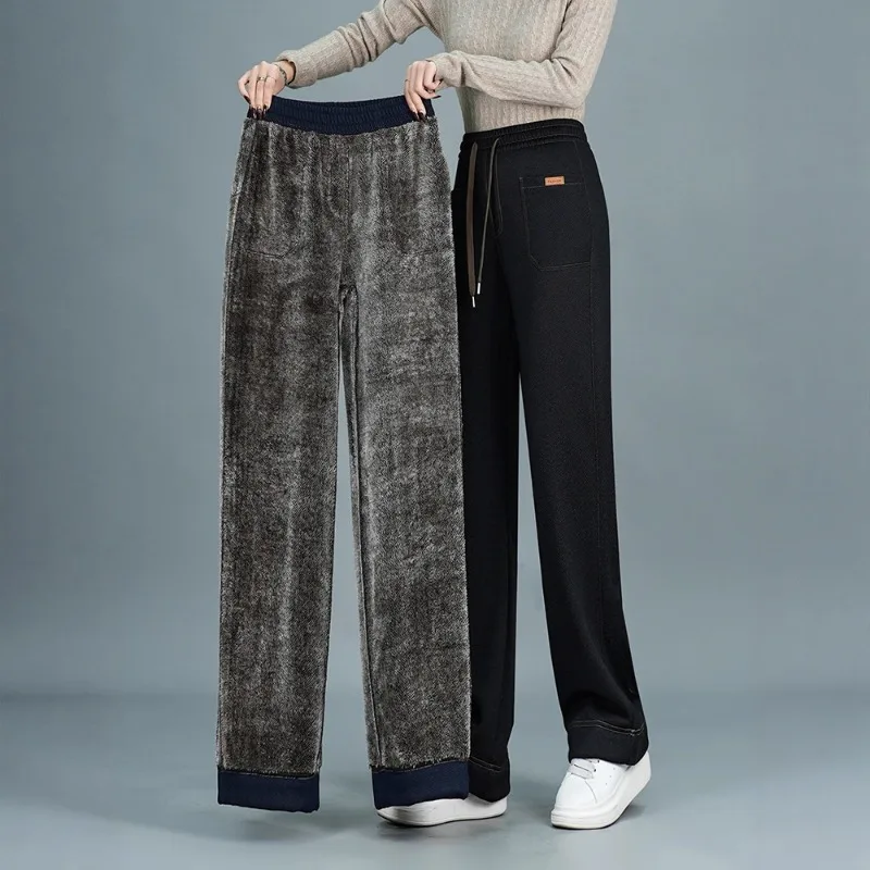 Fleece-lined Jeans Trousers Women's High-waisted Straight Leg Thicker Pants with Pocket Autumn Winter Loose Warm Office Pants