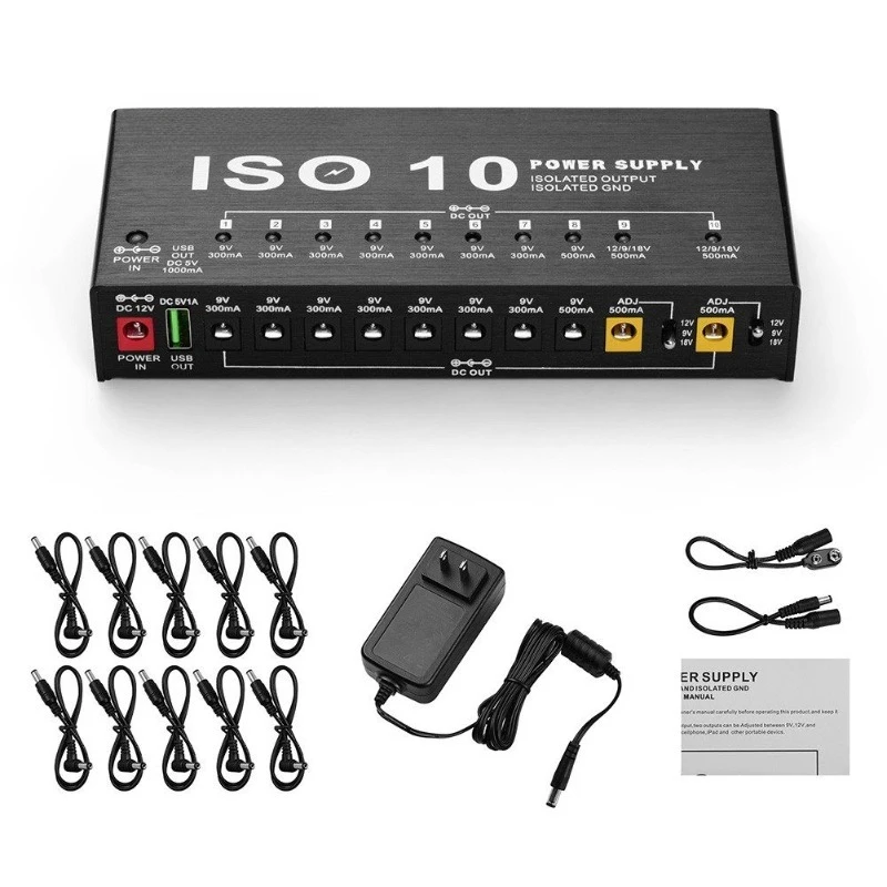 MOSKYAudio ISO-10 Portable Guitar Effect Power Supply Station 10 Isolated DC Outputs USB Output for 9V 12V 18V Guitar Effects