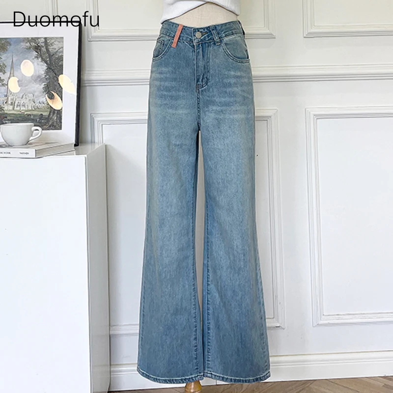 

Duomofu Classic Distressed Street Loose Straight Female Jeans Light Blue Chic High Waist Slim Fashion Casual Simple Women Jeans